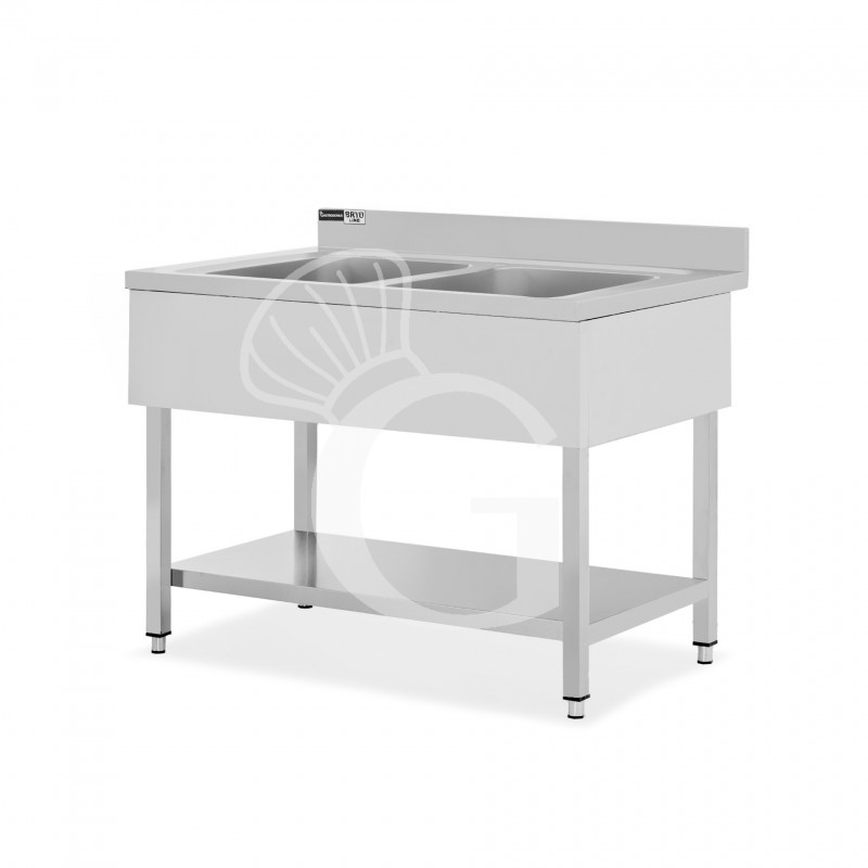 Lavello semplice in acciaio inox, 1 ripiano, alzatina, 2 vasche, L 1100 x P 700 x H 965 mm - con foro rubinetto Ø 35 mm