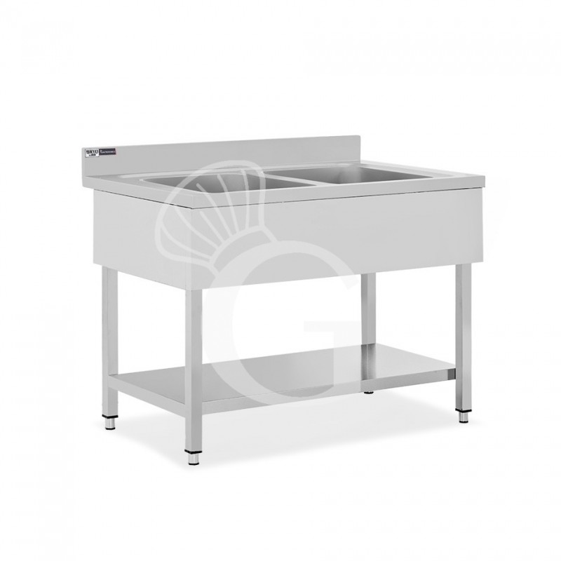 Lavello semplice in acciaio inox, 1 ripiano, alzatina, 2 vasche, L 1100 x P 700 x H 965 mm - con foro rubinetto Ø 35 mm
