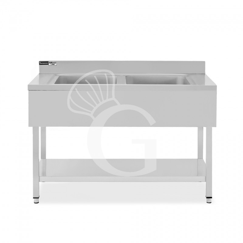 Lavello semplice in acciaio inox, 1 ripiano, alzatina, 2 vasche, L 1200 x P 600 x H 965 mm - con foro rubinetto Ø 32 mm Lavello semplice in acciaio inox, 1 ripiano, alzatina, 2 vasche, L 1200 x P 600 x H 965 mm - con foro rubinetto Ø 32 mm