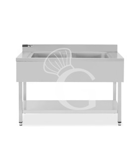 Lavello semplice in acciaio inox, 1 ripiano, alzatina, 2 vasche, L 1200 x P 700 x H 965 mm - con foro rubinetto Ø 32 mm