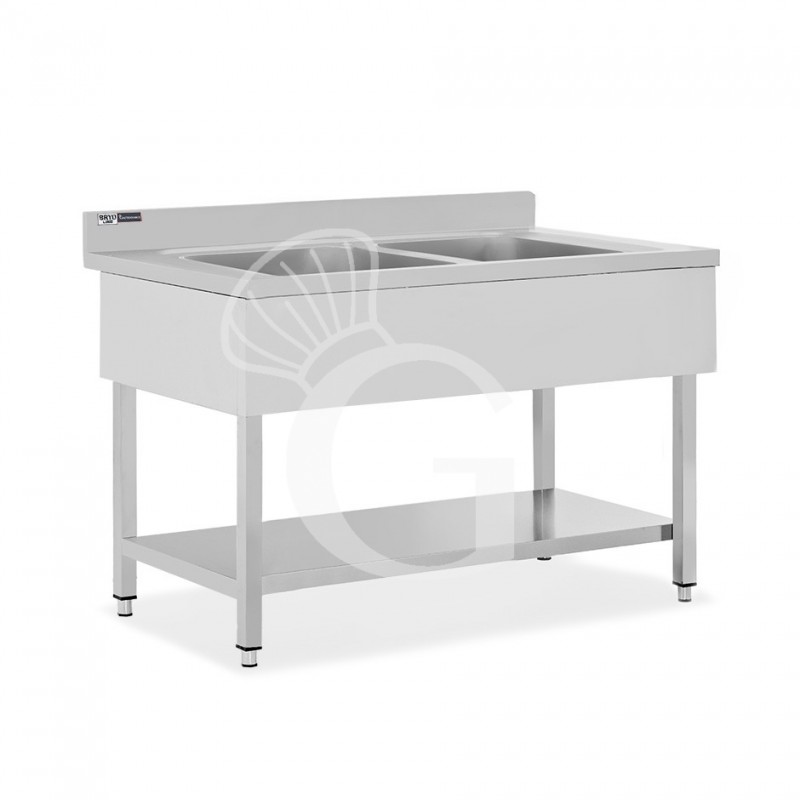 Lavello semplice in acciaio inox, 1 ripiano, alzatina, 2 vasche, L 1300 x P 600 x H 965 mm - con foro rubinetto Ø 32 mm