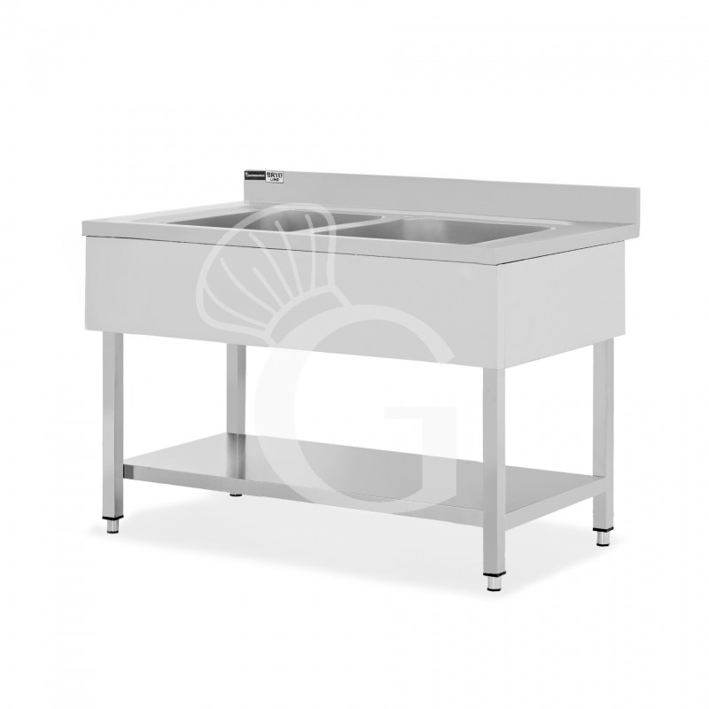 Lavello semplice in acciaio inox, 1 ripiano, alzatina, 2 vasche, L 1300 x P 700 x H 965 mm - con foro rubinetto Ø 32 mm
