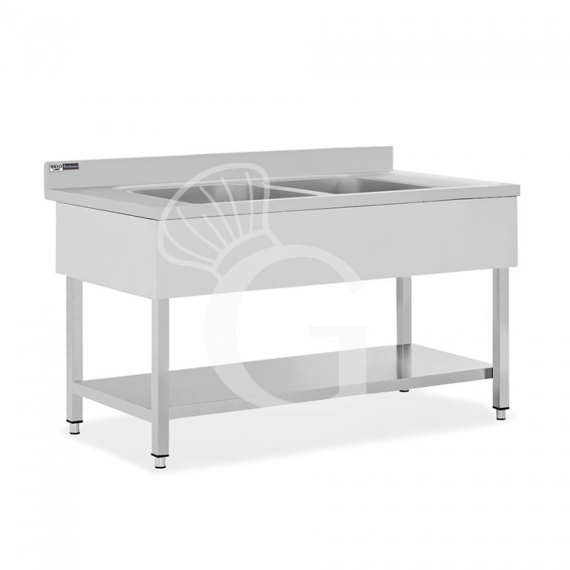 Lavello semplice in acciaio inox, 1 ripiano, alzatina, 2 vasche, L 1400 x P 600 x H 965 mm - con foro rubinetto Ø 32 mm