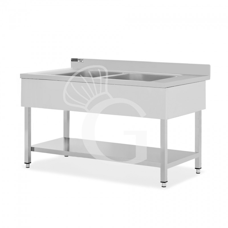Lavello semplice in acciaio inox, 1 ripiano, alzatina, 2 vasche, L 1400 x P 700 x H 965 mm - con foro rubinetto Ø 32 mm
