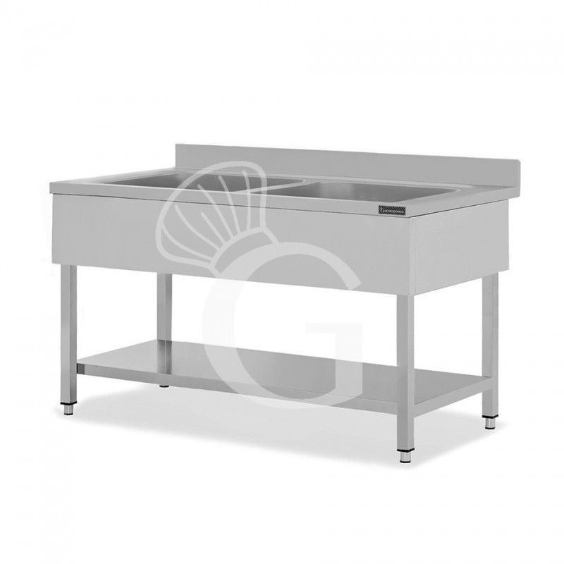 Lavapentole semplice in acciaio inox,1 ripiano,alzatina,2 vasche L1600xP600xH950mm
