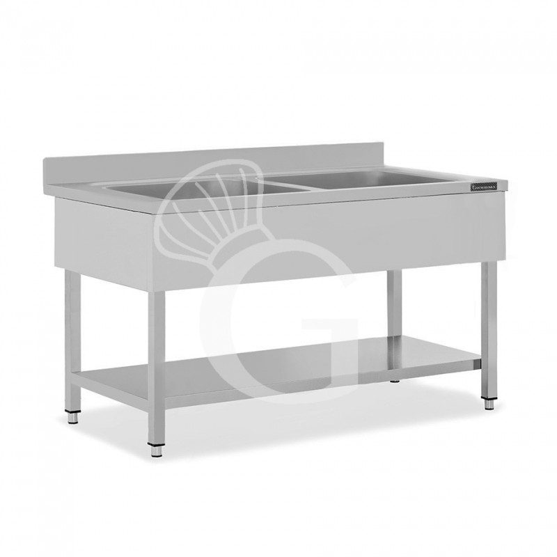 Lavapentole semplice in acciaio inox,1 ripiano,alzatina,2 vasche L1600xP600xH950mm