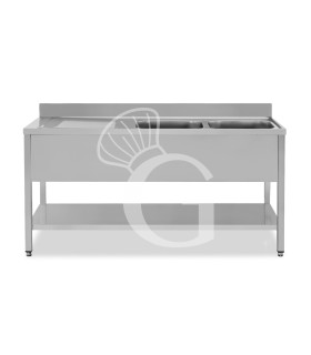 Lavello semplice con alzatina, 1 ripiano, 2 vasche, gocciolatoio a sinistra, L1800xP600xH965mm - con foro rubinetto Ø 32 mm