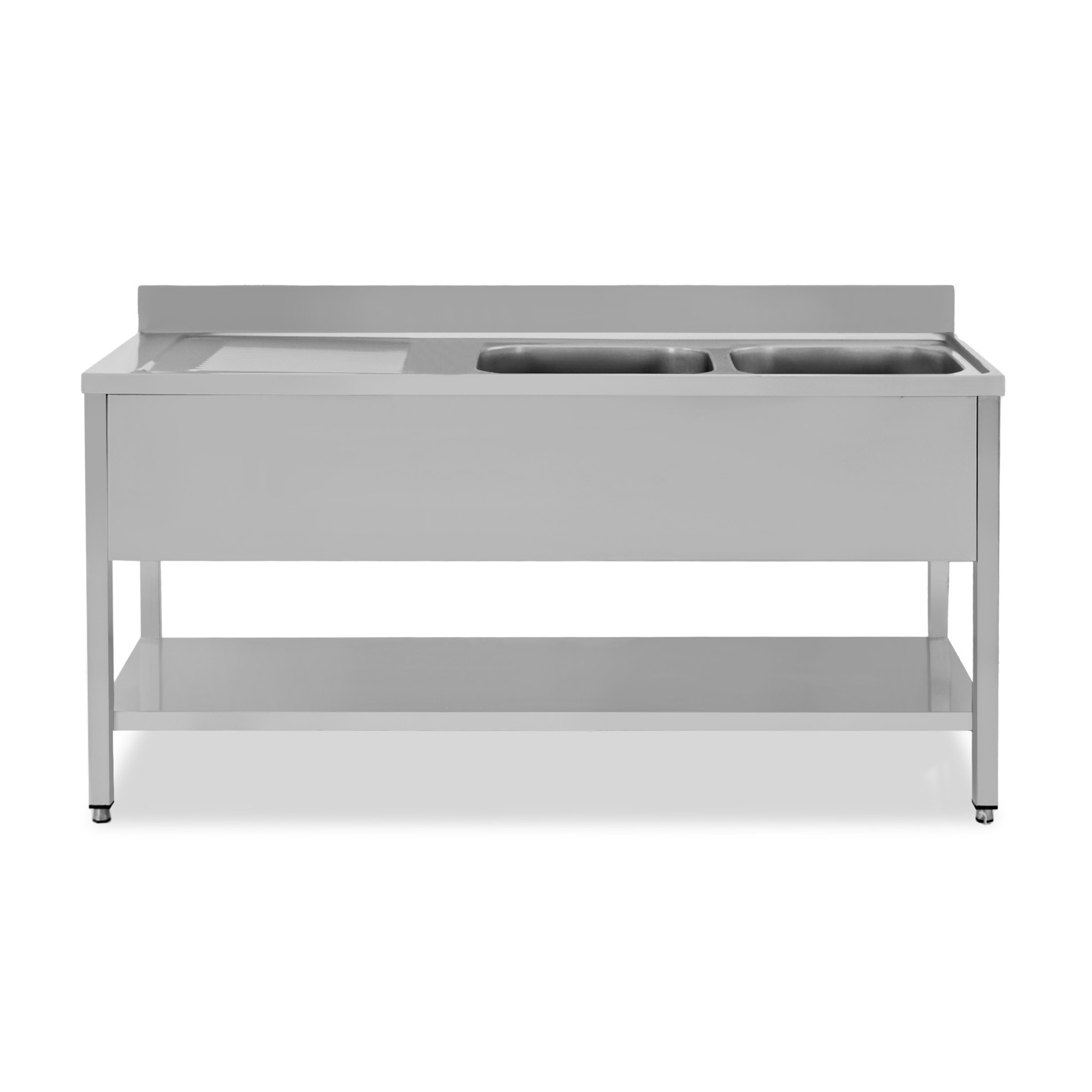 Lavello semplice con alzatina, 1 ripiano, 2 vasche, gocciolatoio a sinistra, L1800xP600xH965mm - con foro rubinetto Ø 32 mm