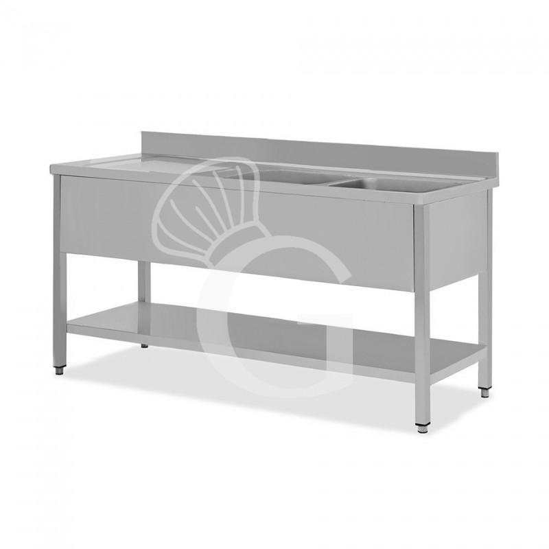 Lavello semplice con alzatina, 1 ripiano, 2 vasche, gocciolatoio a sinistra, L2000xP600xH965mm - con foro rubinetto Ø 32 mm