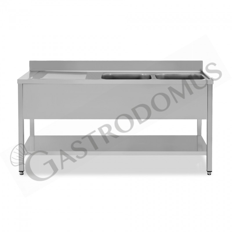 Lavello semplice con alzatina, 1 ripiano, 2 vasche, gocciolatoio a sinistra, L2000xP700xH965mm - con foro rubinetto Ø 32 mm Lavello semplice con alzatina, 1 ripiano, 2 vasche, gocciolatoio a sinistra, L2000xP700xH965mm - con foro rubinetto Ø 32 mm