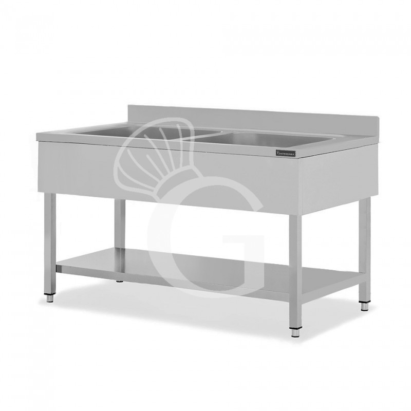 Lavapentole semplice in acciaio inox,1 ripiano,alzatina,2 vasche L1800xP600xH950mm