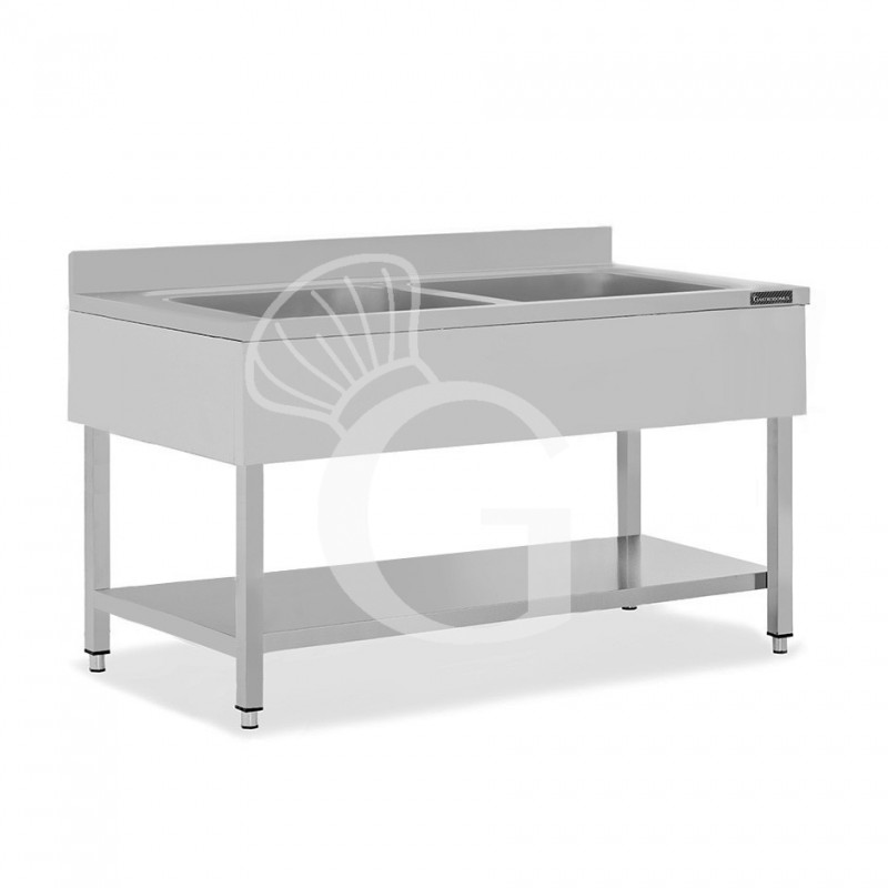 Lavapentole semplice in acciaio inox,1 ripiano,alzatina,2 vasche L1800xP600xH950mm