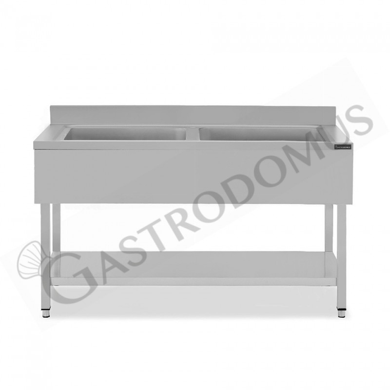 Lavapentole semplice in acciaio inox,1 ripiano,alzatina,2 vasche L1800xP600xH950mm Lavapentole semplice in acciaio inox,1 ripiano,alzatina,2 vasche L1800xP600xH950mm