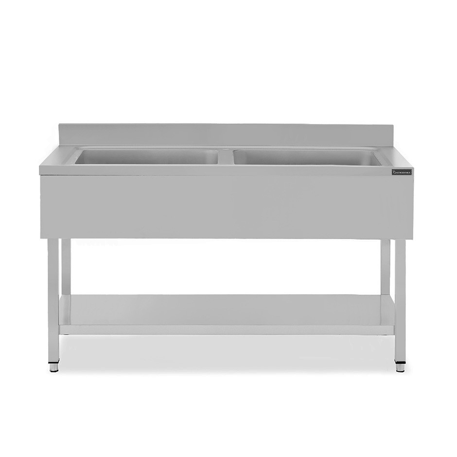 Lavapentole semplice in acciaio inox,1 ripiano,alzatina,2 vasche L1800xP700xH950mm