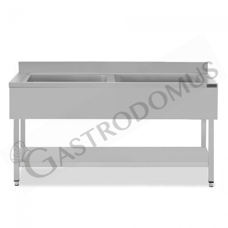 Lavapentole semplice in acciaio inox,1 ripiano,alzatina,2 vasche L2000xP600xH950mm Lavapentole semplice in acciaio inox,1 ripiano,alzatina,2 vasche L2000xP600xH950mm
