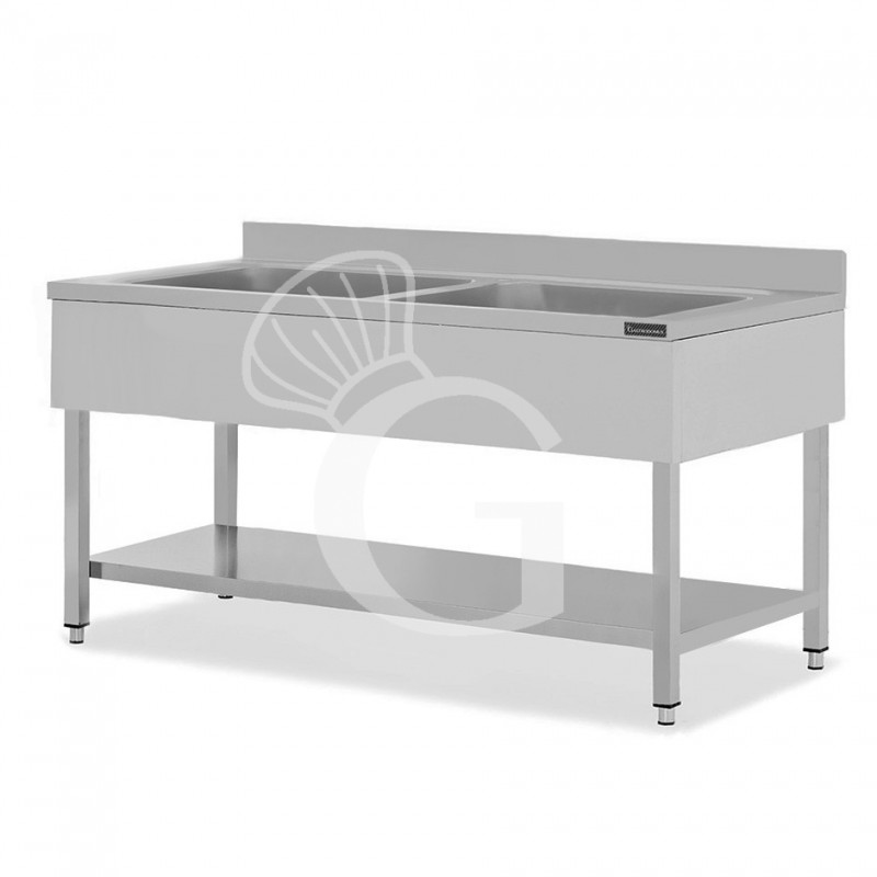 Lavapentole semplice in acciaio inox,1 ripiano,alzatina,2 vasche L2000xP600xH950mm