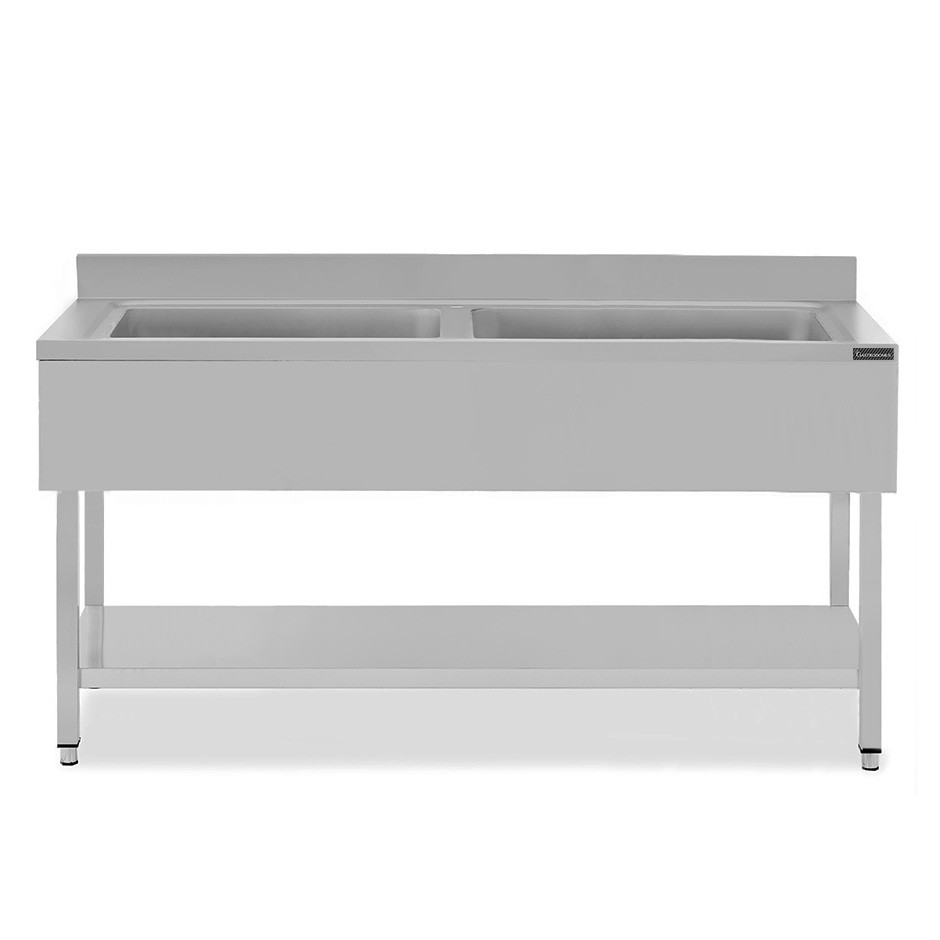 Lavapentole semplice in acciaio inox,1 ripiano,alzatina,2 vasche L2000xP700xH950mm
