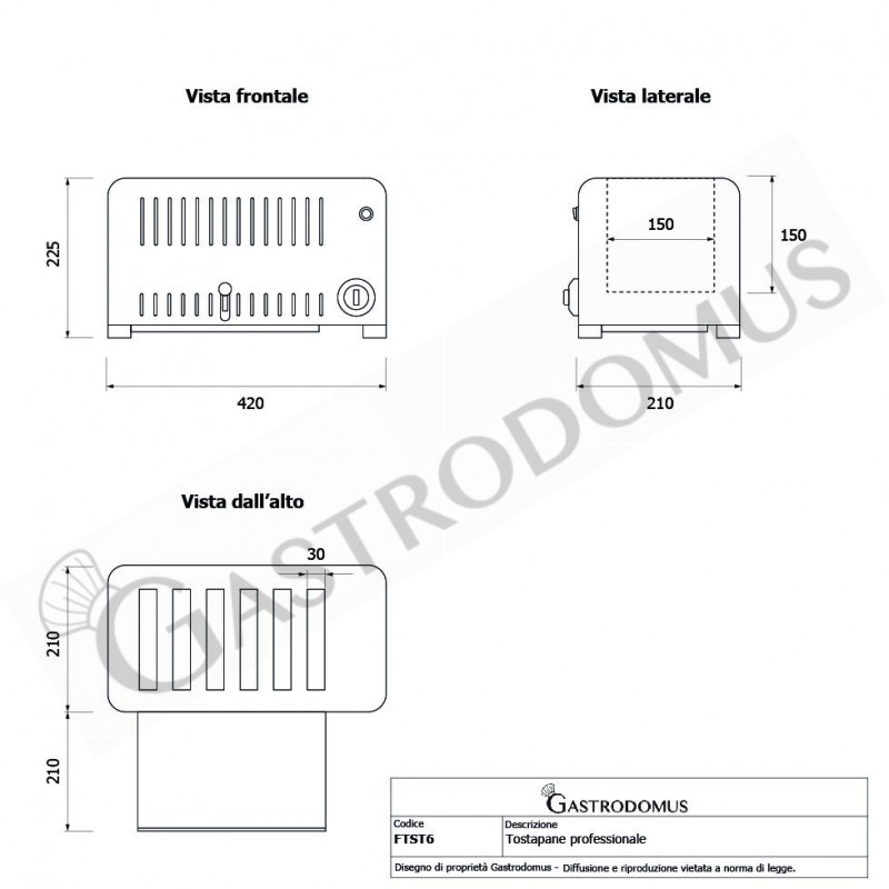 Tostapane professionale L 420 mm x P 210 mm x H 225 mm capacità 6 fette cassetto raccogli briciole - tecnico