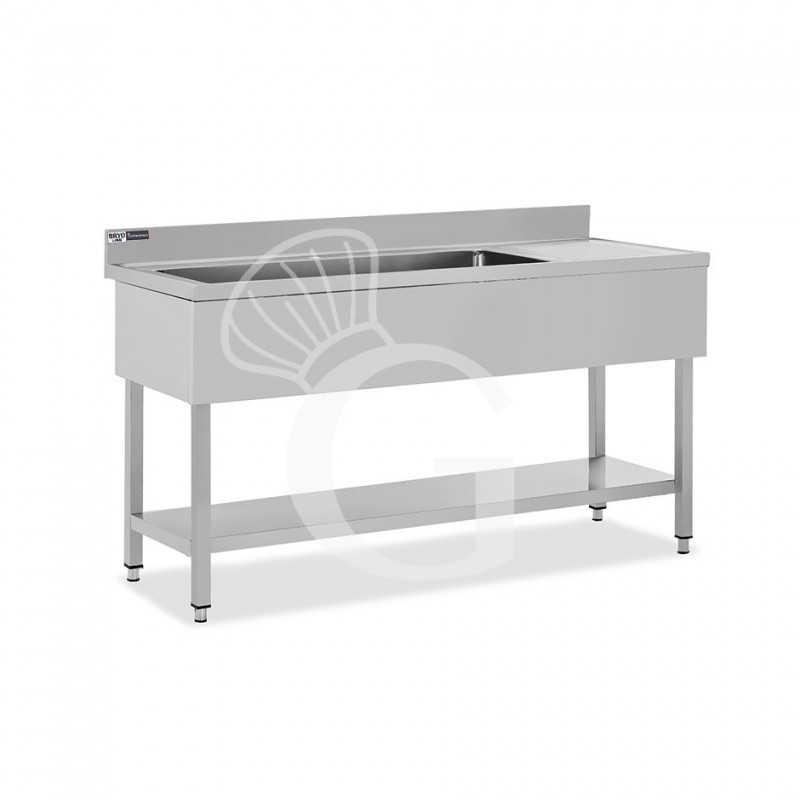 Lavello semplice 1 vasca e gocciolatoio a destra,ripiano,alzatina, L1600xP600xH965mm - con foro rubinetto Ø 32 mm