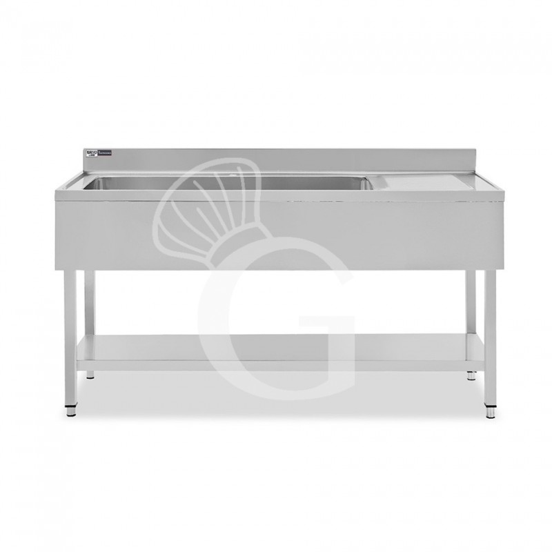 Lavello semplice 1 vasca e gocciolatoio a destra,ripiano,alzatina, L1600xP600xH965mm - con foro rubinetto Ø 32 mm