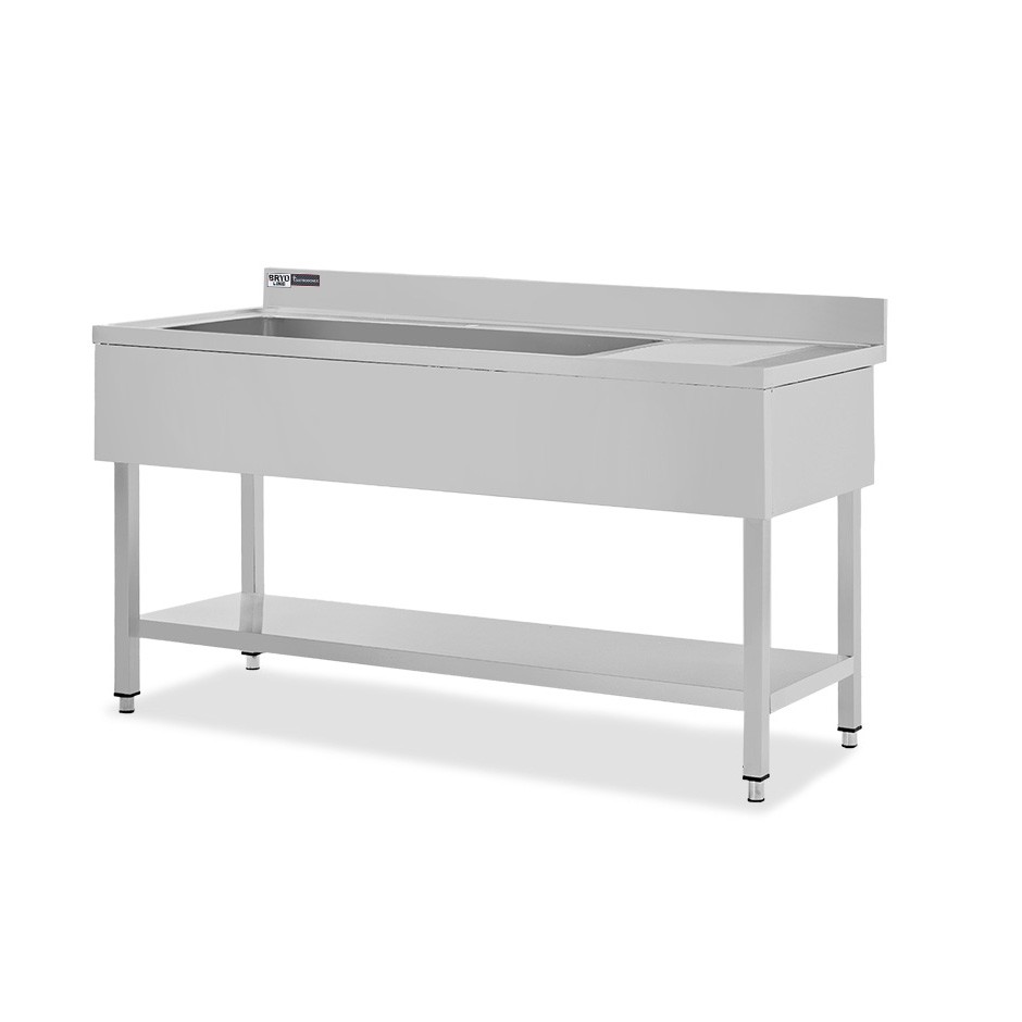 Lavello semplice 1 vasca e gocciolatoio a destra,ripiano,alzatina, L1600xP700xH965mm - con foro rubinetto Ø 32 mm
