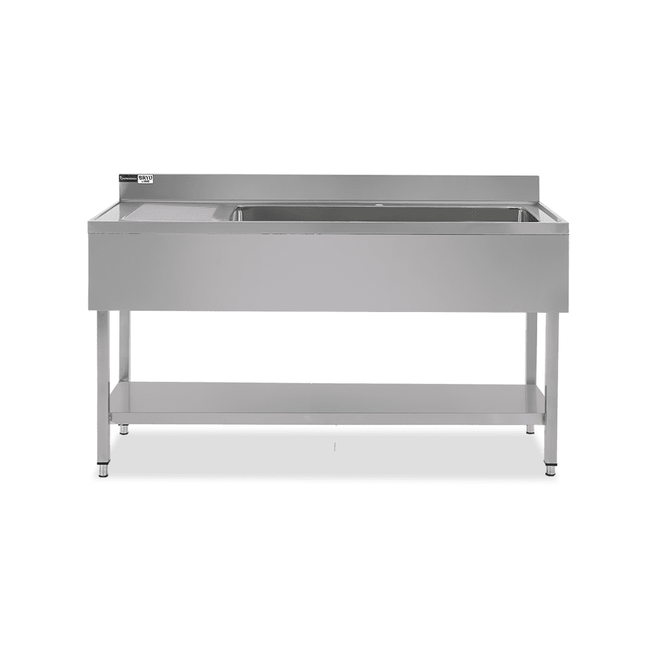 Lavello semplice 1 vasca e gocciolatoio a sinistra,ripiano,alzatina, L1600xP700xH965mm - con foro rubinetto Ø 32 mm