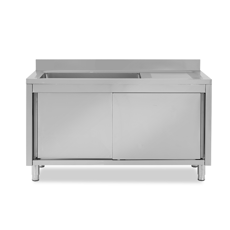 Lavello inox armadiato con porte scorrevoli,1vasca,gocciolatoio a destra,alzatina,L1600xP700xH965mm-con foro rubinetto Ø 32 mm