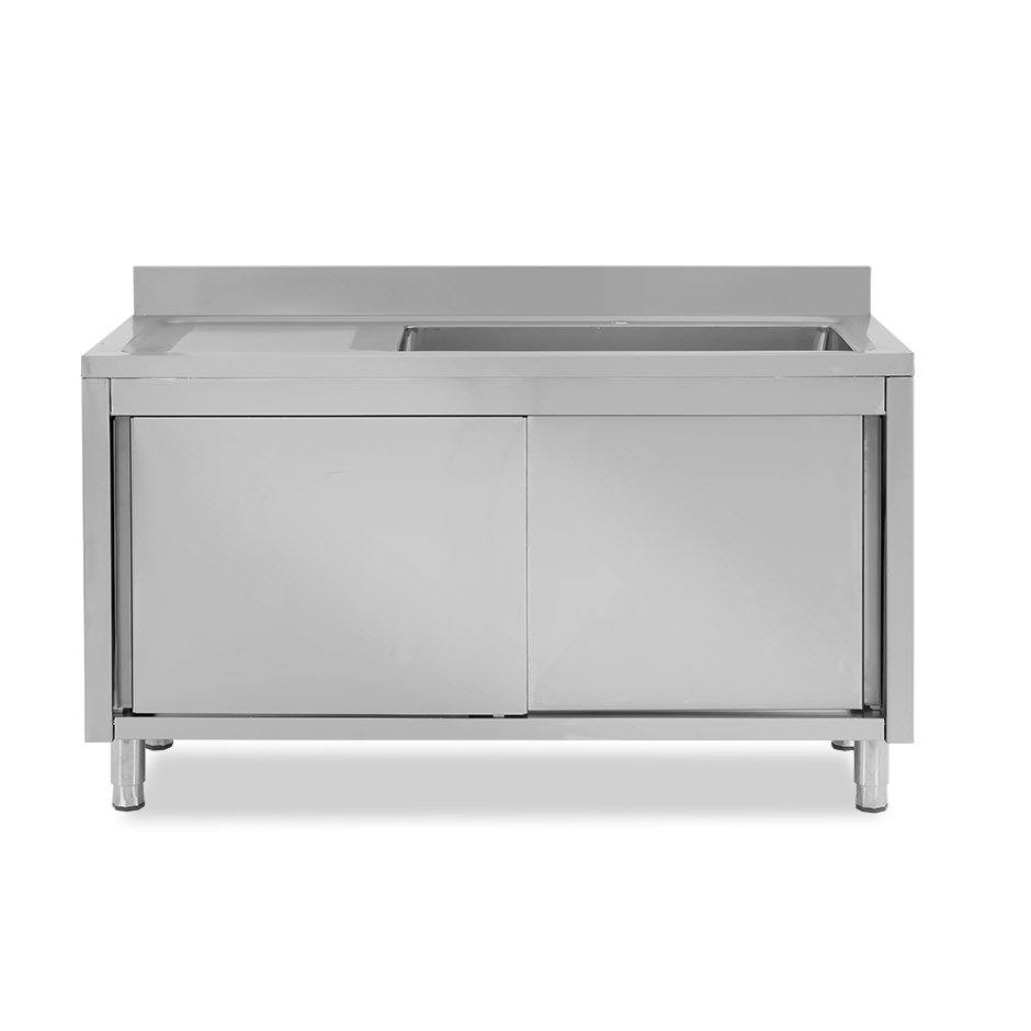 Lavello armadiato con porte scorrevoli,1 vasca,gocciolatoio a sinistra,alzatina,L1500xP600xH965mm - con foro rubinetto Ø 32 mm