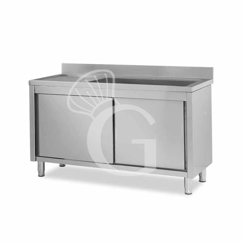 Lavello inox armadiato con porte scorrevoli,1vasca,gocciolatoio a sinistra,alzatina,L1600xP600xH965mm-con foro rubinetto Ø 32 mm