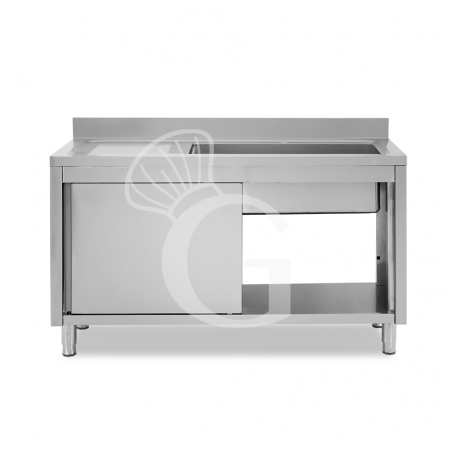 Lavello inox armadiato con porte scorrevoli,1vasca,gocciolatoio a sinistra,alzatina,L1600xP600xH965mm-con foro rubinetto Ø 32 mm Lavello inox armadiato con porte scorrevoli,1vasca,gocciolatoio a sinistra,alzatina,L1600xP600xH965mm-con foro rubinetto Ø 32 mm