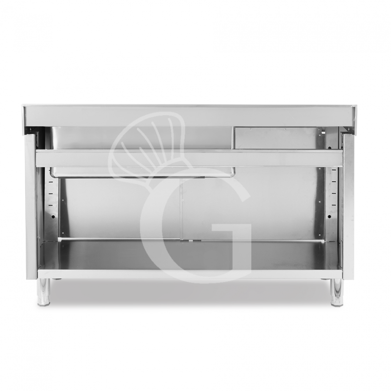 Lavello inox armadiato con porte scorrevoli,1vasca,gocciolatoio a sinistra,alzatina,L1600xP600xH965mm-con foro rubinetto Ø 32 mm