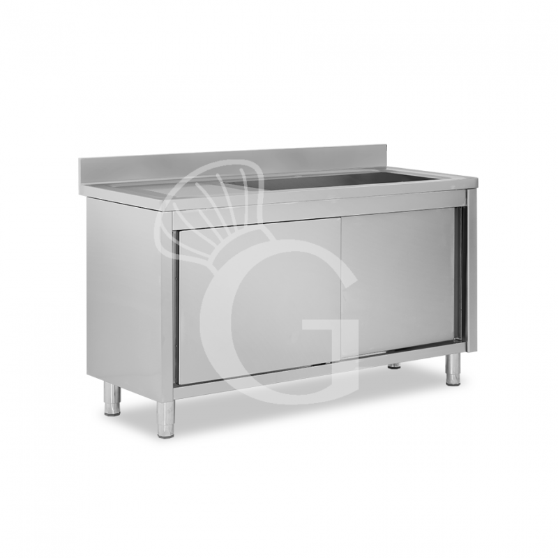 Lavello inox armadiato con porte scorrevoli,1vasca,gocciolatoio a sinistra,alzatina,L1600xP600xH965mm-con foro rubinetto Ø 32 mm