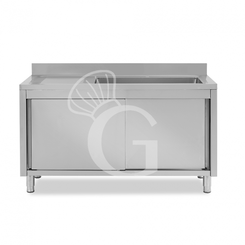 Lavello inox armadiato con porte scorrevoli,1vasca,gocciolatoio a sinistra,alzatina,L1600xP600xH965mm-con foro rubinetto Ø 32 mm Lavello inox armadiato con porte scorrevoli,1vasca,gocciolatoio a sinistra,alzatina,L1600xP600xH965mm-con foro rubinetto Ø 32 mm