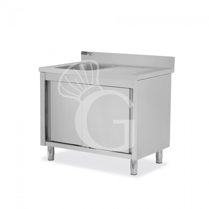 Lavello inox armadiato con porte scorrevoli,1vasca,gocciolatoio a destra,alzatina,L1000xP700xH965mm-con foro rubinetto Ø 32 mm