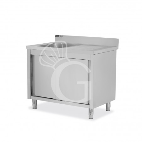 Lavello inox armadiato con porte scorrevoli,1vasca,gocciolatoio a destra,alzatina,L1000xP700xH965mm-con foro rubinetto Ø 32 mm Lavello inox armadiato con porte scorrevoli,1vasca,gocciolatoio a destra,alzatina,L1000xP700xH965mm-con foro rubinetto Ø 32 mm