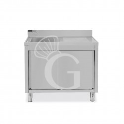 Lavello inox armadiato con porte scorrevoli,1vasca,gocciolatoio a destra,alzatina,L1000xP700xH965mm-con foro rubinetto Ø 32 mm