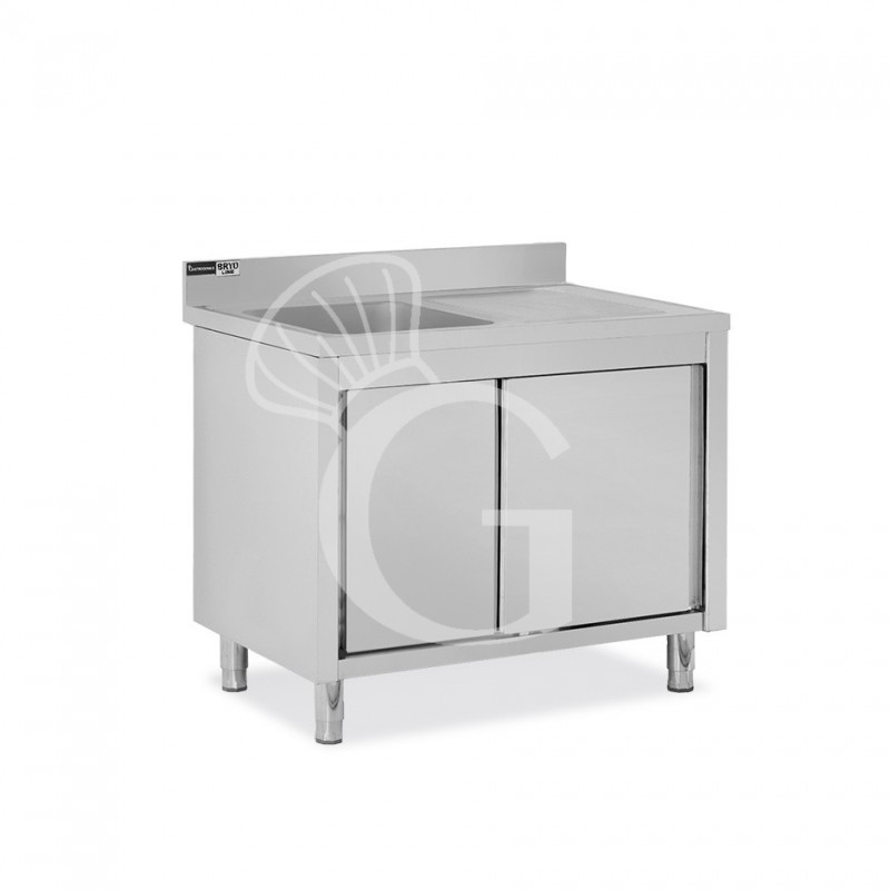 Lavello inox armadiato con porte scorrevoli,1vasca,gocciolatoio a destra,alzatina,L1000xP700xH965mm-con foro rubinetto Ø 32 mm