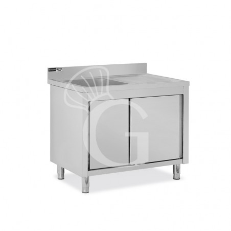 Lavello inox armadiato con porte scorrevoli,1vasca,gocciolatoio a destra,alzatina,L1000xP700xH965mm-con foro rubinetto Ø 32 mm Lavello inox armadiato con porte scorrevoli,1vasca,gocciolatoio a destra,alzatina,L1000xP700xH965mm-con foro rubinetto Ø 32 mm