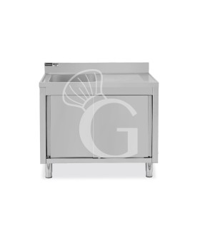 Lavello inox armadiato con porte scorrevoli,1vasca,gocciolatoio a destra,alzatina,L1100xP700xH965mm-con foro rubinetto Ø 32 mm