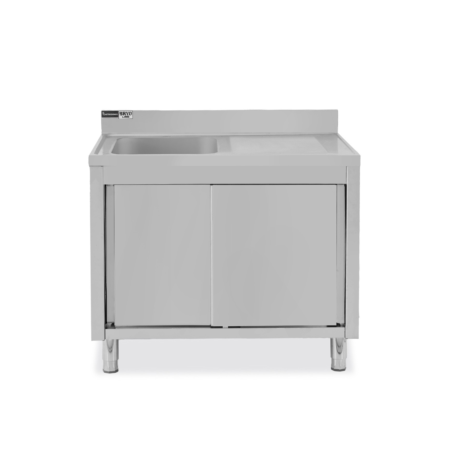 Lavello inox armadiato con porte scorrevoli,1vasca,gocciolatoio a destra,alzatina,L1100xP700xH965mm-con foro rubinetto Ø 32 mm