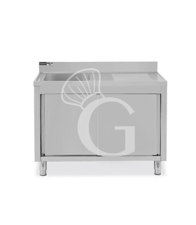 Lavello inox armadiato con porte scorrevoli,1vasca,gocciolatoio a destra,alzatina,L1300xP600xH965mm-con foro rubinetto Ø 32 mm