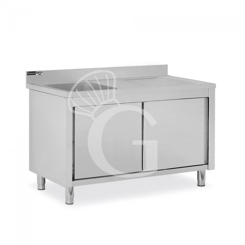 Lavello armadiato con porte scorrevoli,1 vasca,gocciolatoio a destra,alzatina,L1400xP600xH965mm - con foro rubinetto Ø 32 mm