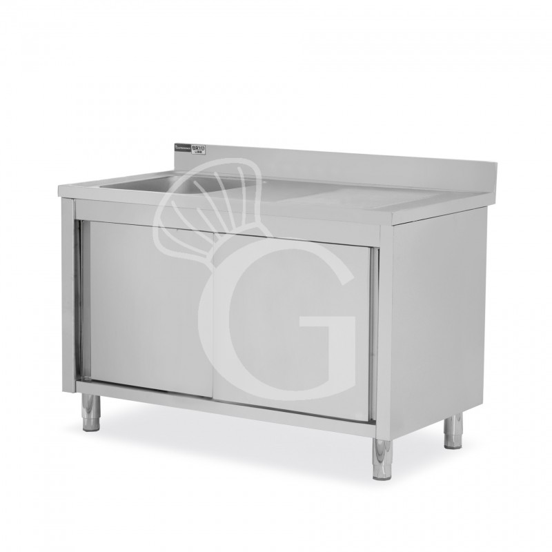Lavello armadiato con porte scorrevoli,1 vasca,gocciolatoio a destra,alzatina,L1400xP600xH965mm - con foro rubinetto Ø 32 mm
