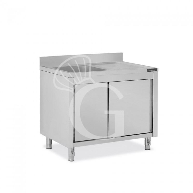 Lavello inox armadiato con porte scorrevoli,1 vasca,gocciolatoio a destra,alzatina,L1100xP600xH950mm