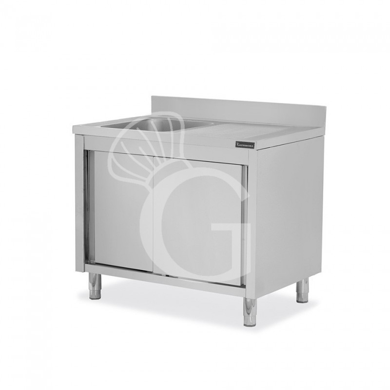 Lavello inox armadiato con porte scorrevoli,1 vasca,gocciolatoio a destra,alzatina,L1000xP700xH950mm
