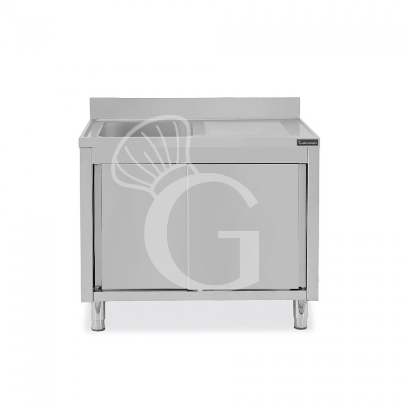 Lavello inox armadiato con porte scorrevoli,1 vasca,gocciolatoio a destra,alzatina,L1000xP700xH950mm
