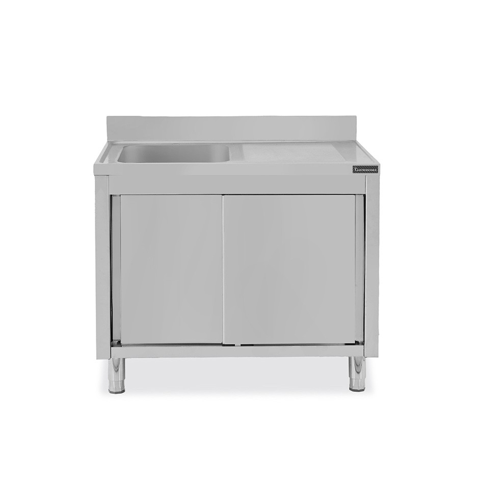 Lavello inox armadiato con porte scorrevoli,1 vasca,gocciolatoio a destra,alzatina,L1000xP700xH950mm