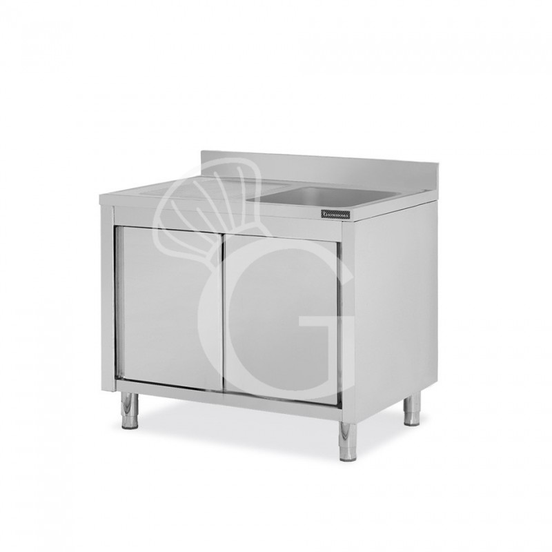 Lavello inox armadiato con porte scorrevoli,1 vasca,gocciolatoio a sinistra,alzatina,L1000xP600xH950mm