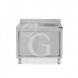 Lavello inox armadiato con porte scorrevoli,1 vasca,gocciolatoio a sinistra,alzatina,L1000xP600xH950mm