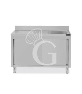 Lavello inox armadiato con porte scorrevoli,1 vasca,gocciolatoio a sinistra,alzatina,L1600xP600xH950mm